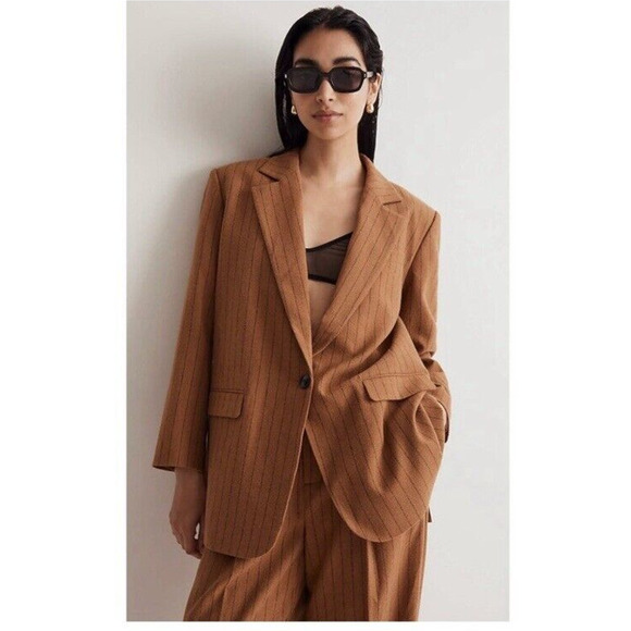 Madewell Womens Oversized Blazer In Brown Stripe Sz 6 Wool Blend Single Breasted - Picture 1 of 13